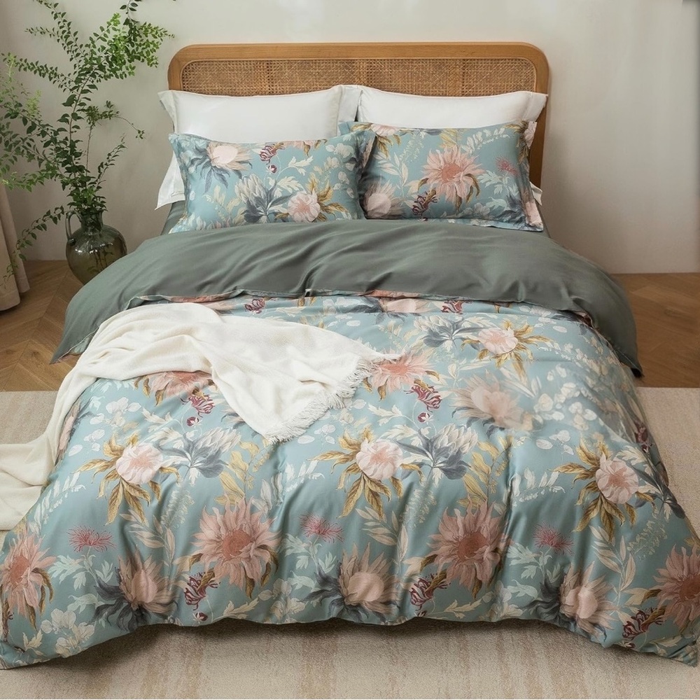 NEW Anthro Blue Floral Multicolor Full Queen King Cotton Bedding Duvet Sham Set - Picture 7 of 12